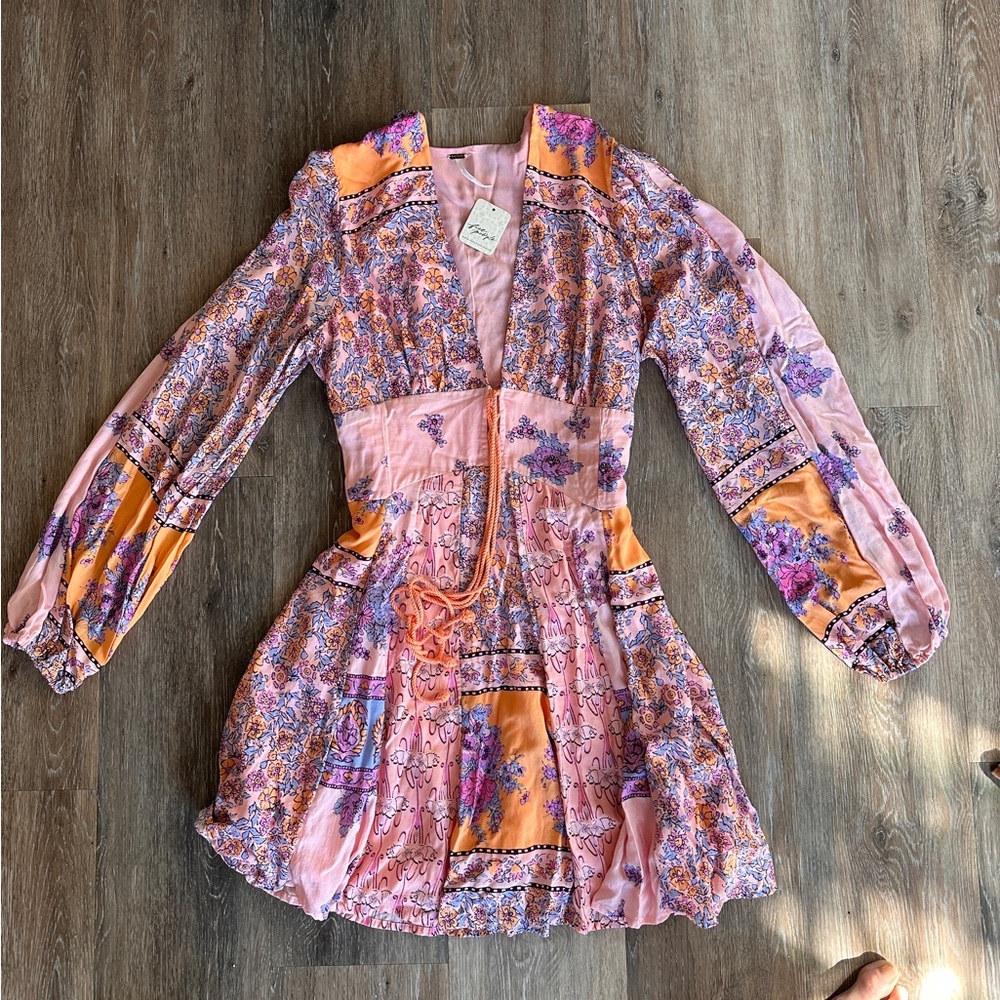 Free People peach combo mini dress medium NWT